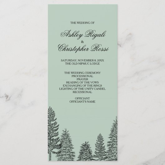 Hochzeitsprogramm, rustikaler Pinienbaum - Grün Programm (Vorderseite)