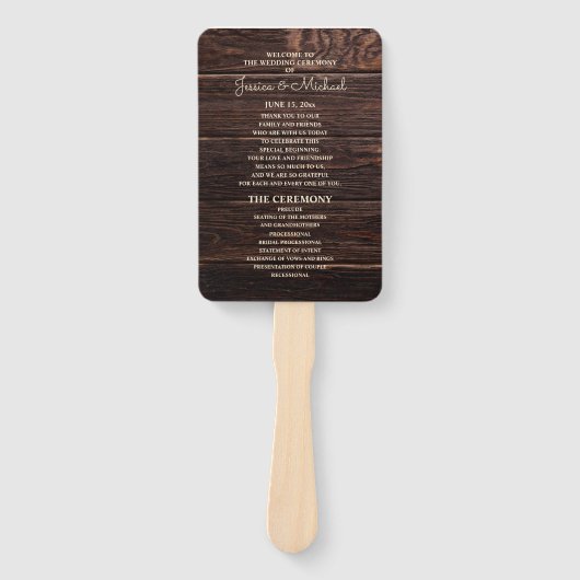 Hochzeitsprogramm Rustikales Dunkelbraunes Holz Fächer (Vorderseite)