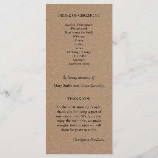 Hochzeitsprogramm | Rustikales Kraftpapier Programm (Rückseite)