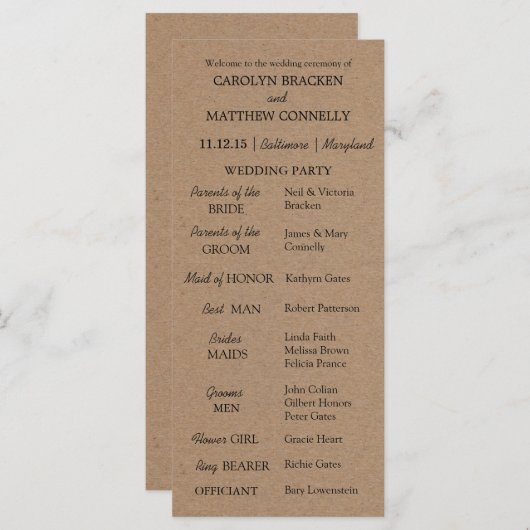 Hochzeitsprogramm | Rustikales Kraftpapier Programm (Vorne/Hinten)