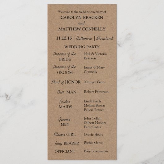 Hochzeitsprogramm | Rustikales Kraftpapier Programm (Vorderseite)