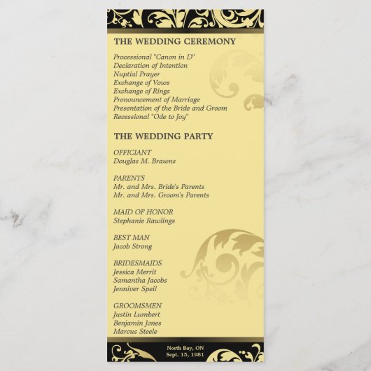 Hochzeitsprogramm - Schwarz-Gold-Shimmer-Bläschen Programm (Rückseite)