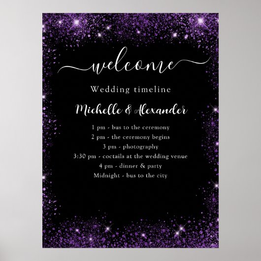 Hochzeitsprogramm Schwarzer lila Empfang Poster (Vorne)