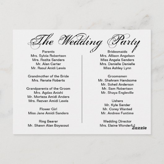 Hochzeitsprogramm, Seite 1 von 2. Postkarte (Rückseite)