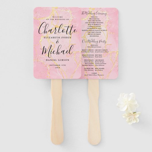 Hochzeitsprogramm Signature Script Pink Gold Marmo Fächer (Vorne und Hinten)