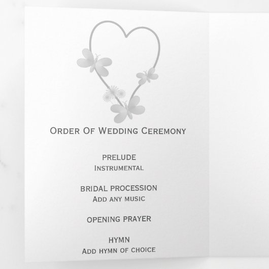 Hochzeitsprogramm Silberherz-Schmetterlinge Dreifach-gefaltete Programmkarte (Innen Erste Seite)