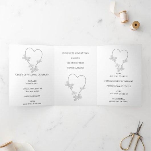 Hochzeitsprogramm Silberherz-Schmetterlinge Dreifach-gefaltete Programmkarte (Innenseite)