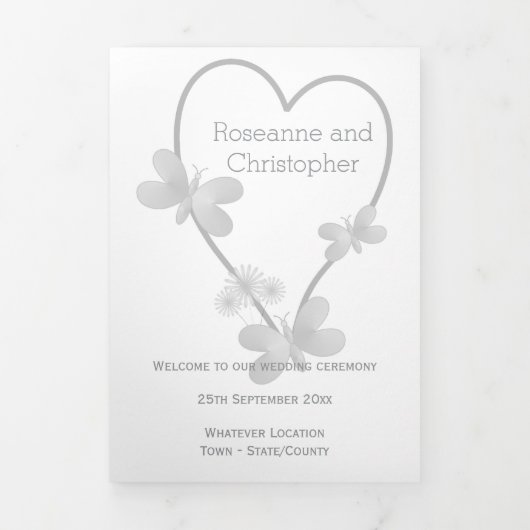 Hochzeitsprogramm Silberherz-Schmetterlinge Dreifach-gefaltete Programmkarte (Cover)