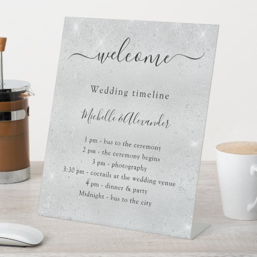 Hochzeitsprogramm Silberner Glitzer willkommen Sockelschild (In Situ)