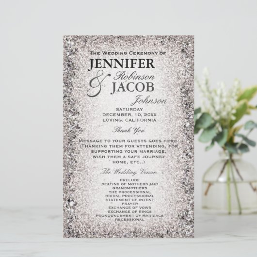 Hochzeitsprogramm | Silver Glitzer Look (Stehend Vorderseite)