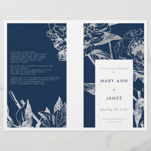 Hochzeitsprogramm Simple Floral Silver Navy Blue (Vorderseite)