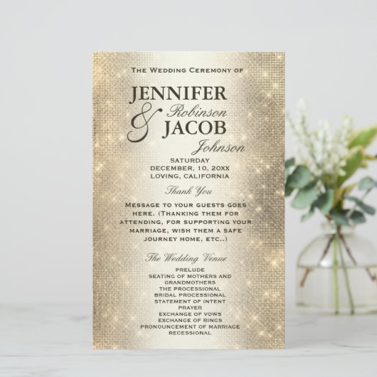 Hochzeitsprogramm | Soft Gold Glitzer Look (Stehend Vorderseite)