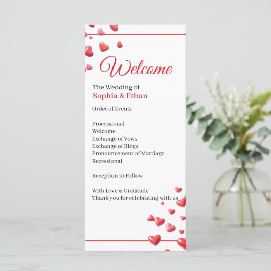 Hochzeitsprogramm Soft Pink Hearts (Stehend Vorderseite)