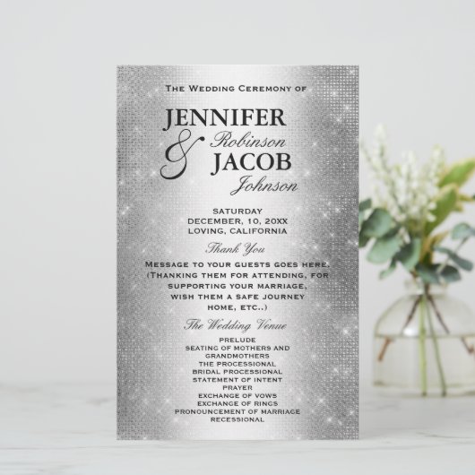 Hochzeitsprogramm | Soft Silver Glitzer Look (Stehend Vorderseite)