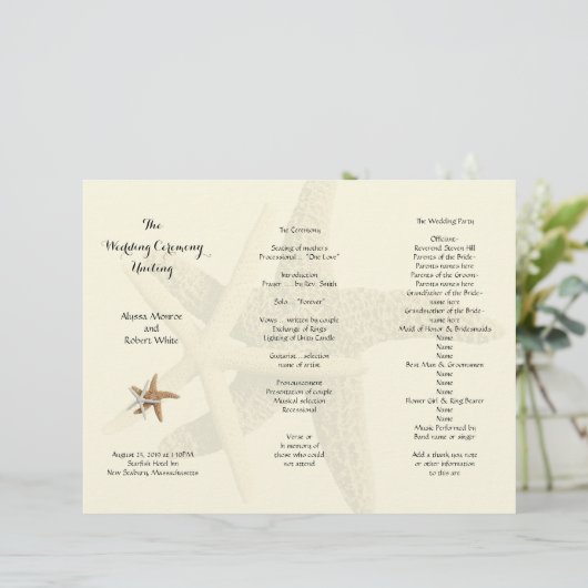 Hochzeitsprogramm "Starfish Couple Cream Tri-Fold" (Stehend Vorderseite)