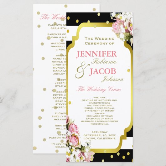 Hochzeitsprogramm | Streifen, Rose, Goldschmiedett Programm (Vorne/Hinten)