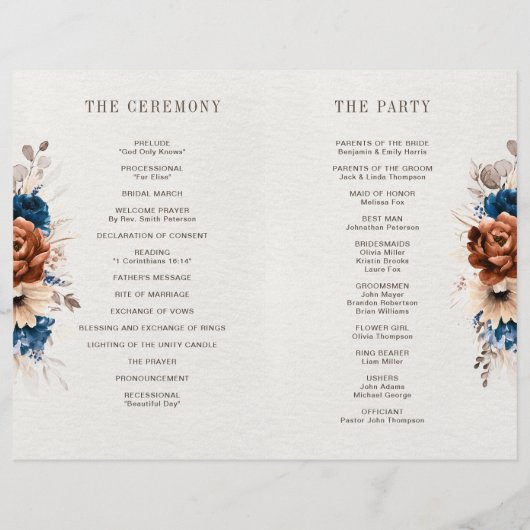 Hochzeitsprogramm Terracotta Navy Blue Pampas Gras (Rückseite)