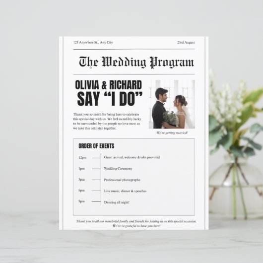 Hochzeitsprogramm – Titelseite im Zeitungstil (Stehend Vorderseite)