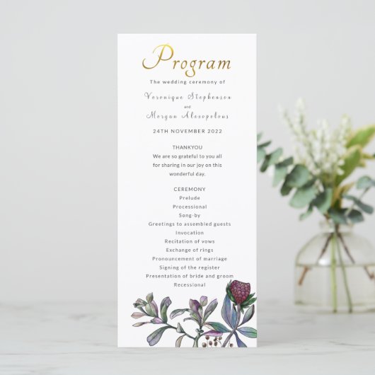 Hochzeitsprogramm tropisches Blattgold Blumenschri Programm (Stehend Vorderseite)
