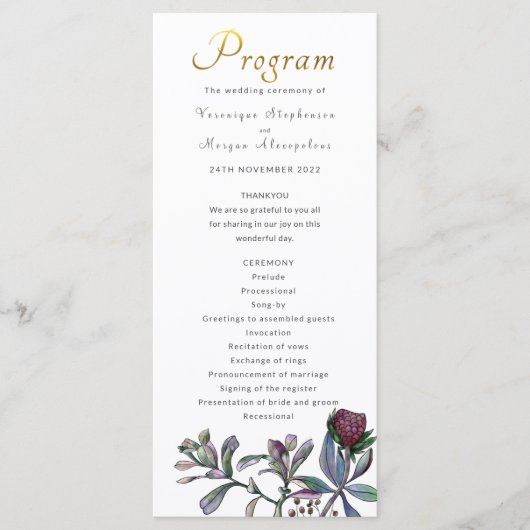 Hochzeitsprogramm tropisches Blattgold Blumenschri Programm (Vorderseite)
