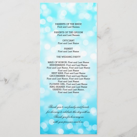 Hochzeitsprogramm Türkisfarbene Glitzer Lights Programm (Rückseite)