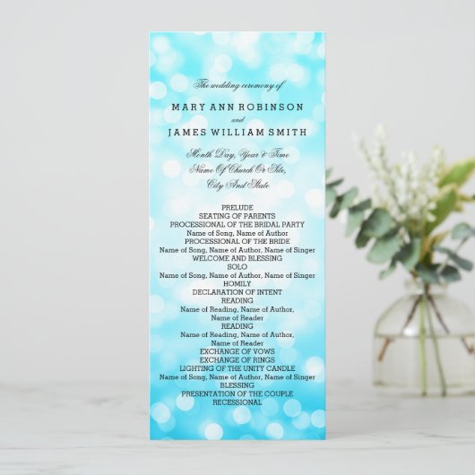 Hochzeitsprogramm Türkisfarbene Glitzer Lights Programm (Stehend Vorderseite)