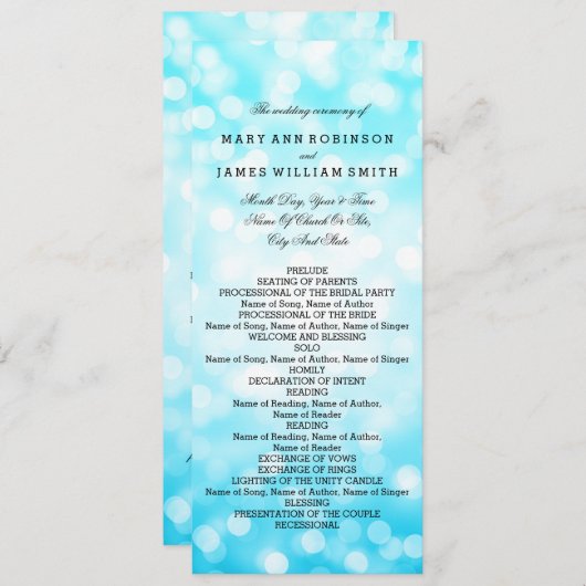 Hochzeitsprogramm Türkisfarbene Glitzer Lights Programm (Vorne/Hinten)