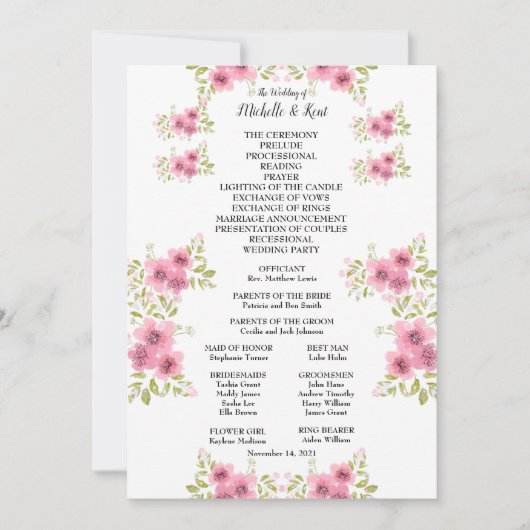 Hochzeitsprogramm und Menü für Wasserfarben Rosa A (Vorderseite)
