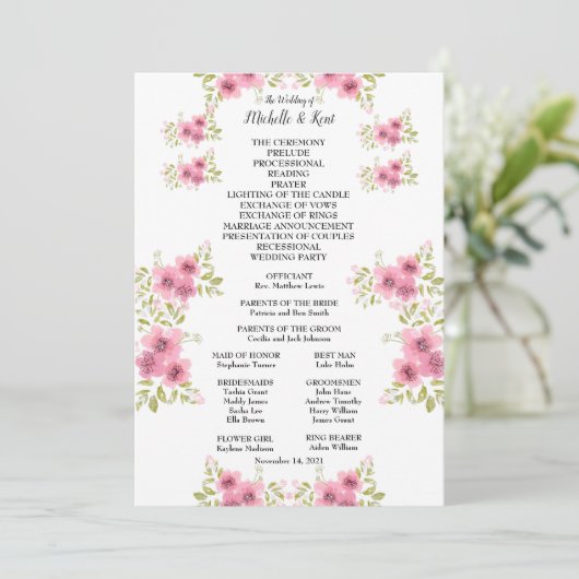 Hochzeitsprogramm und Menü für Wasserfarben Rosa A (Stehend Vorderseite)