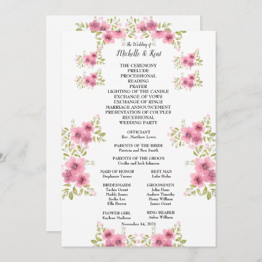 Hochzeitsprogramm und Menü für Wasserfarben Rosa A (Vorne/Hinten)