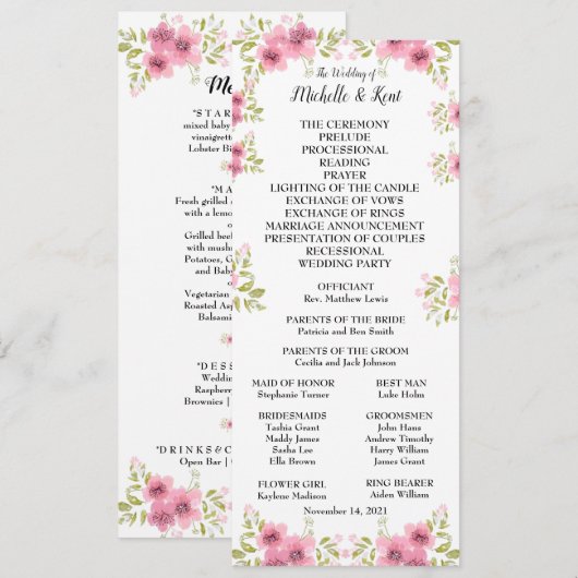 Hochzeitsprogramm und Menü für Wasserfarben Rosa A Einladung (Vorne/Hinten)