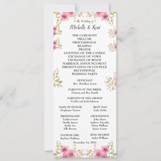Hochzeitsprogramm und Menü für Wasserfarben Rosa A Einladung (Vorderseite)