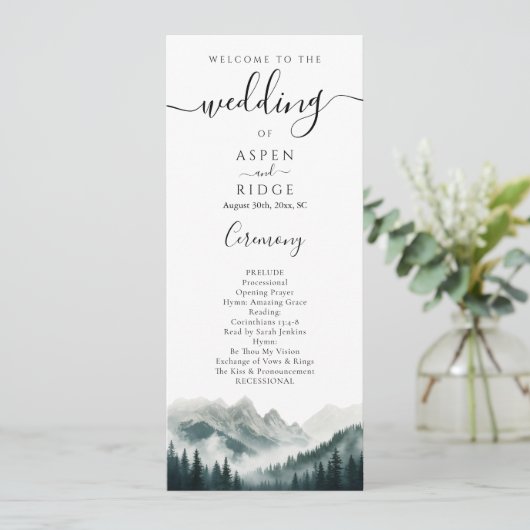 Hochzeitsprogramm Verdant Peaks Mountain Programm (Stehend Vorderseite)