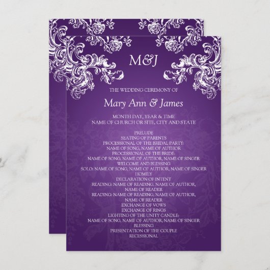 Hochzeitsprogramm Vintage Wirbel 2 Lila Einladung (Vorne/Hinten)
