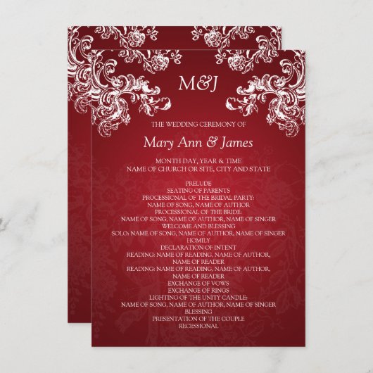 Hochzeitsprogramm Vintage Wirbel 2 Rot Einladung (Vorne/Hinten)