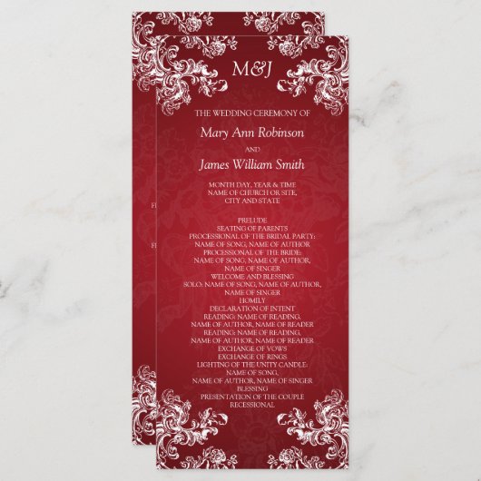 Hochzeitsprogramm Vintage Wirbel 2 Rot Programm (Vorne/Hinten)