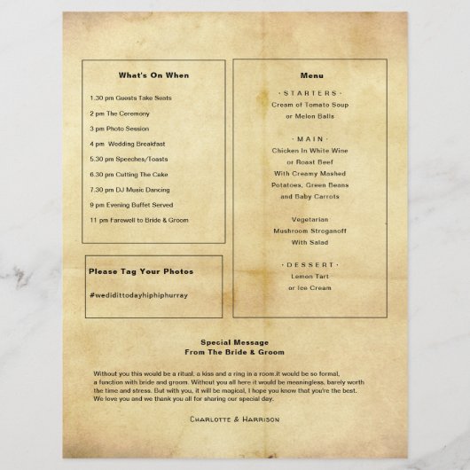 Hochzeitsprogramm Vintager Zeitungsstil Flyer (Hinten)