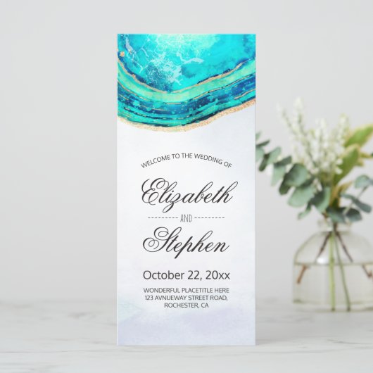Hochzeitsprogramm Wasserfarbe Aquamarin & Gold Aga Programm (Stehend Vorderseite)