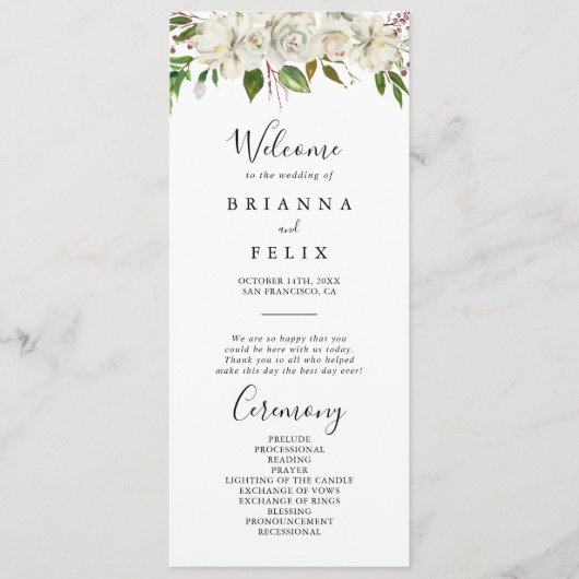 Hochzeitsprogramm "White Winter Peony Floral" Programm (Vorderseite)