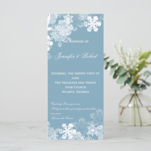 Hochzeitsprogramm "Winter Blue White Snowflakes" Programm (Stehend Vorderseite)