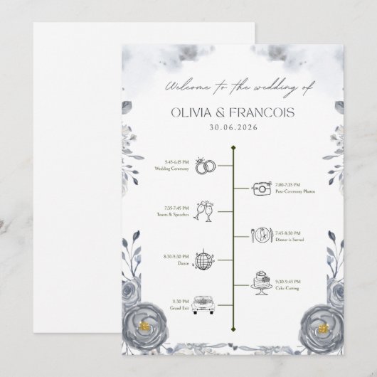 Hochzeitsprogramm Zeitplan – Elegante Florale Zere Programm (Vorne/Hinten)