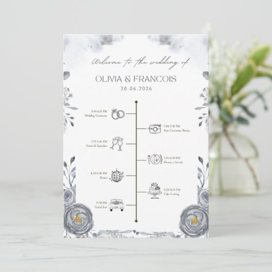 Hochzeitsprogramm Zeitplan – Elegante Florale Zere Programm (Stehend Vorderseite)