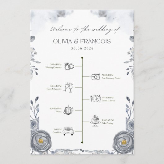 Hochzeitsprogramm Zeitplan – Elegante Florale Zere Programm (Vorderseite)