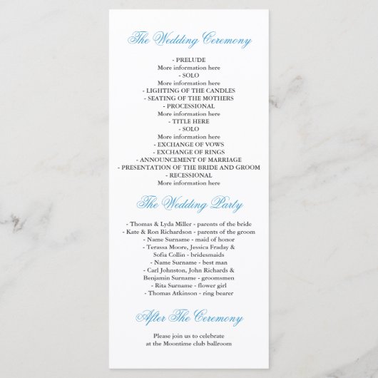 Hochzeitsprogramme am Strand mit Korallen Programm (Rückseite)