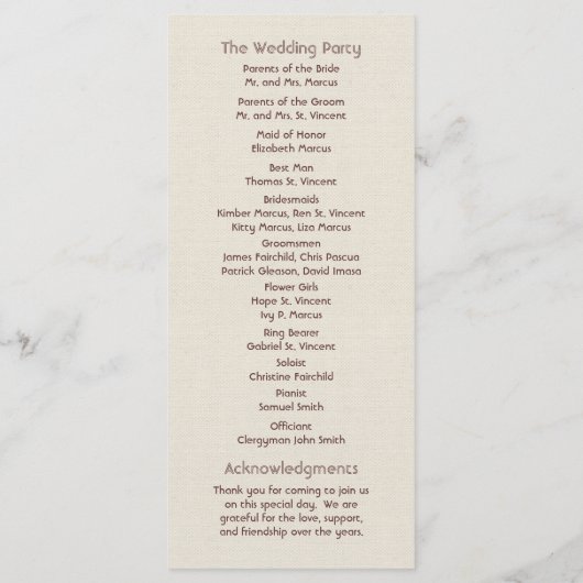 Hochzeitsprogramme am Strand Programm (Rückseite)