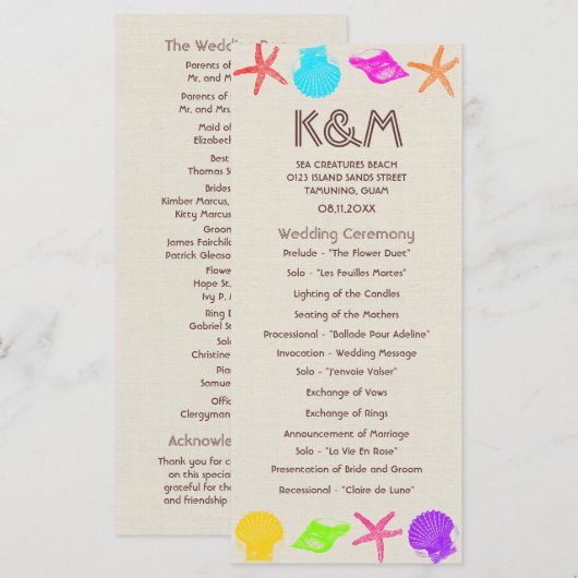 Hochzeitsprogramme am Strand Programm (Vorne/Hinten)