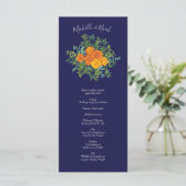 Hochzeitsprogramme der Orange Navy Blue Peony Rose Menükarte (Stehend Vorderseite)