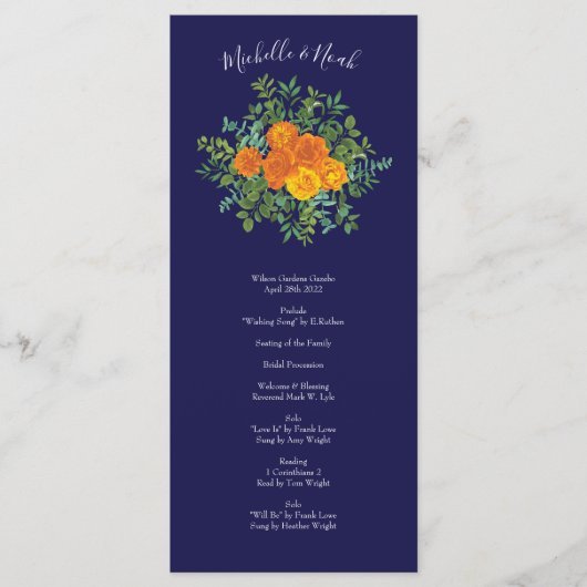 Hochzeitsprogramme der Orange Navy Blue Peony Rose Menükarte (Vorderseite)