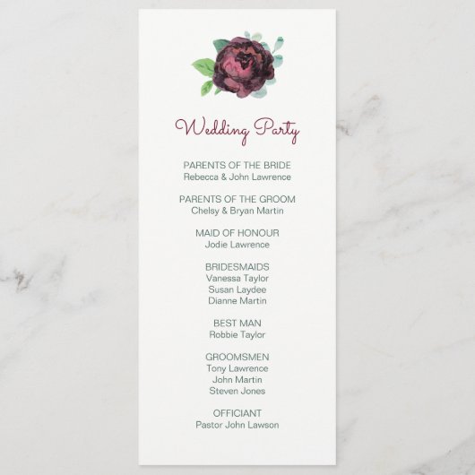 Hochzeitsprogramme für Burgund Rose Programm (Rückseite)