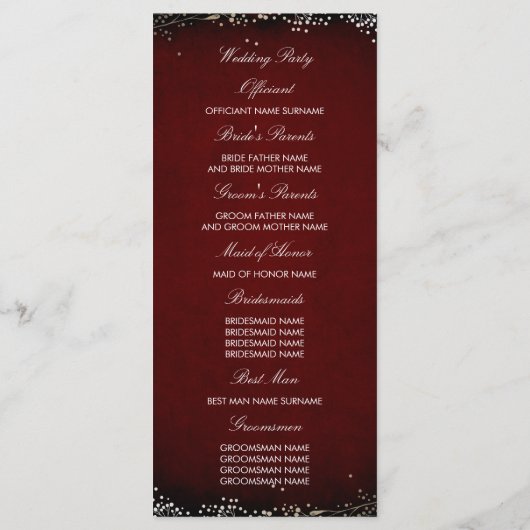 Hochzeitsprogramme für Burgunder Rot und Gold Programm (Rückseite)